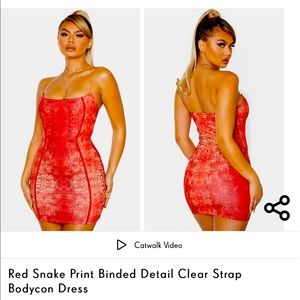 PrettyLittleThing Red Snake Print Binded Detail Clear Strap Bodycon Dress